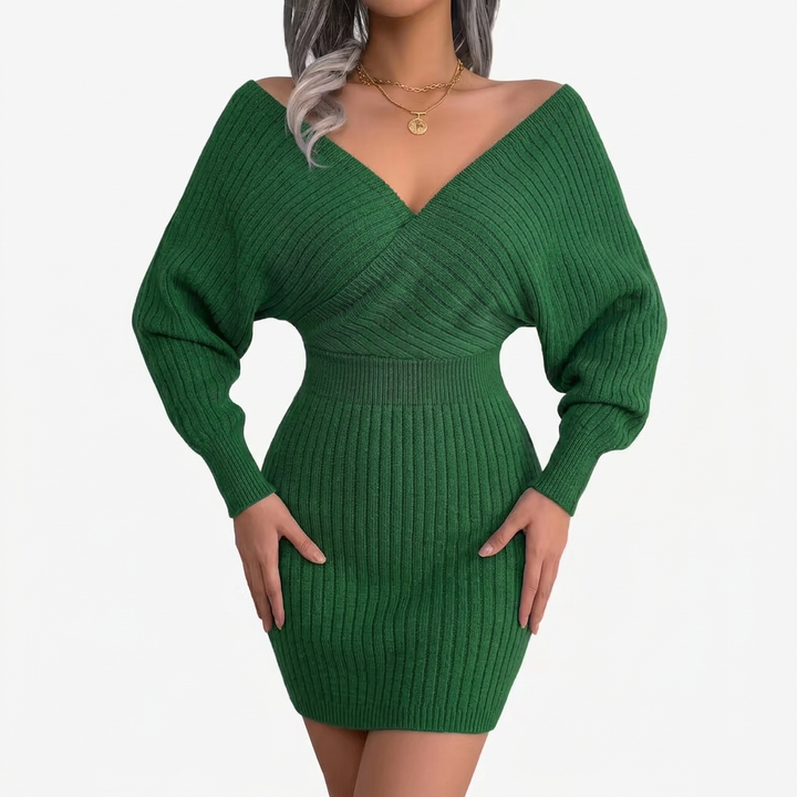 Fey | Gebreide Off-Shoulder Jurk met V-Hals