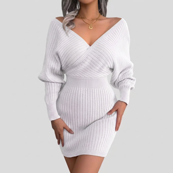 Fey | Gebreide Off-Shoulder Jurk met V-Hals