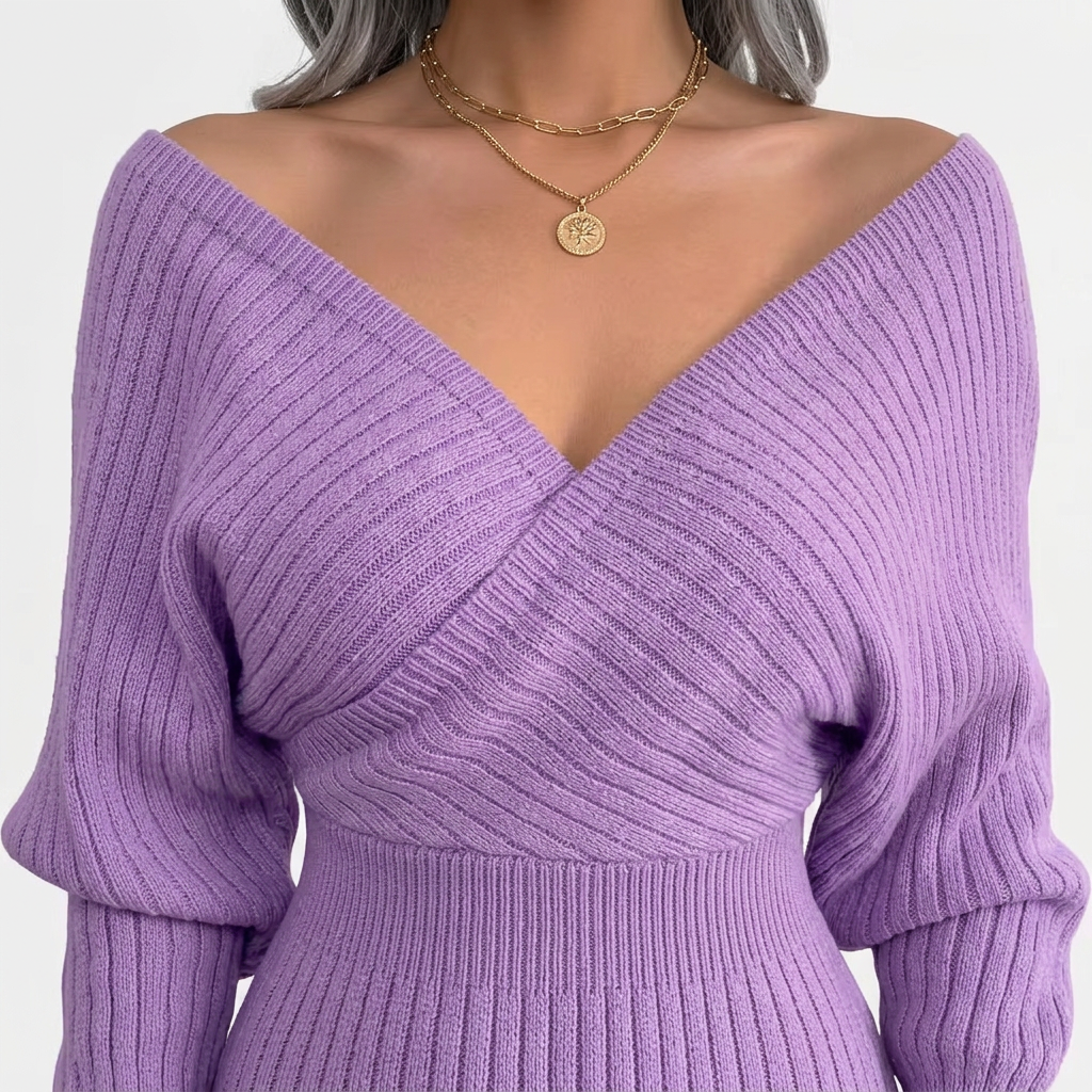 Fey | Gebreide Off-Shoulder Jurk met V-Hals