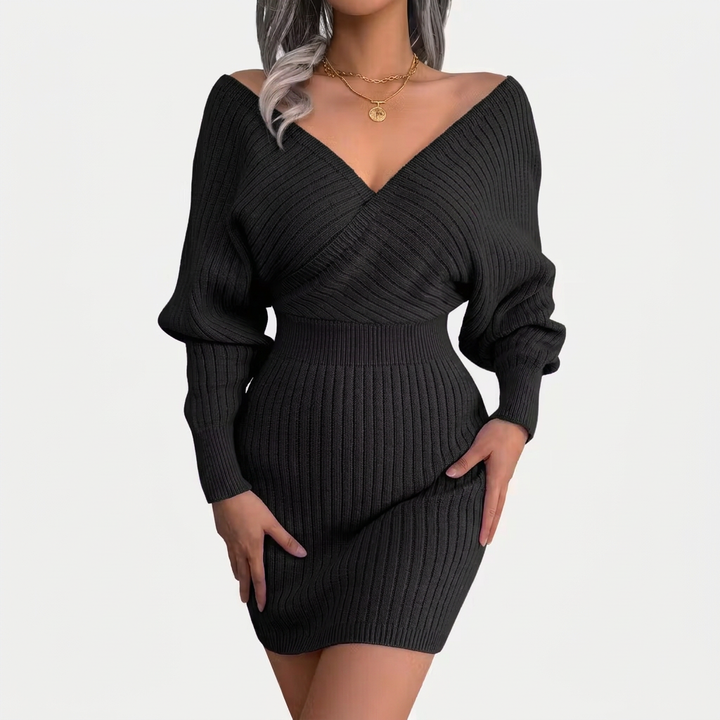 Fey | Gebreide Off-Shoulder Jurk met V-Hals