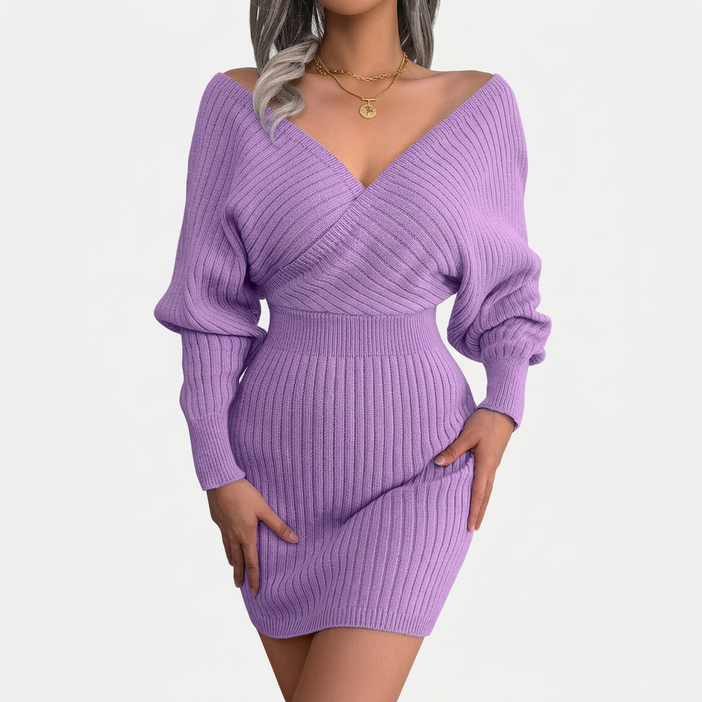 Fey | Gebreide Off-Shoulder Jurk met V-Hals