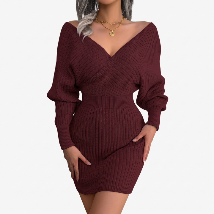 Fey | Gebreide Off-Shoulder Jurk met V-Hals