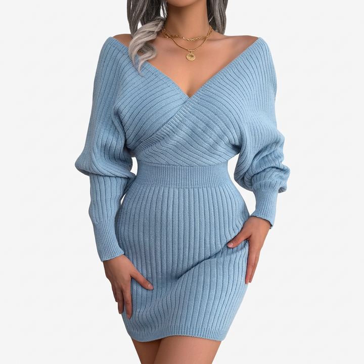 Fey | Gebreide Off-Shoulder Jurk met V-Hals