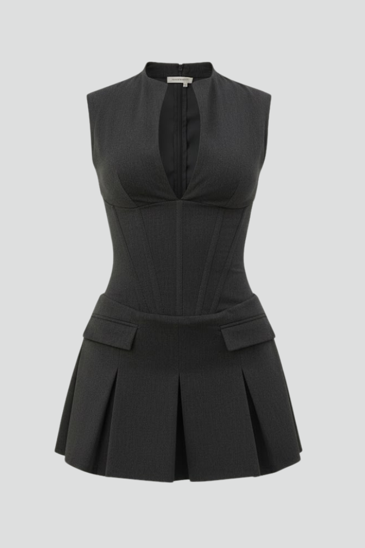 Naomi | Vrouwen Plissé Rok Mini Jurk met Diepe Hals