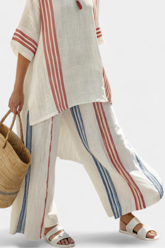 Solvane | Verfijnde Multikleur Gestreepte Top &amp; Mediterraanse Broek