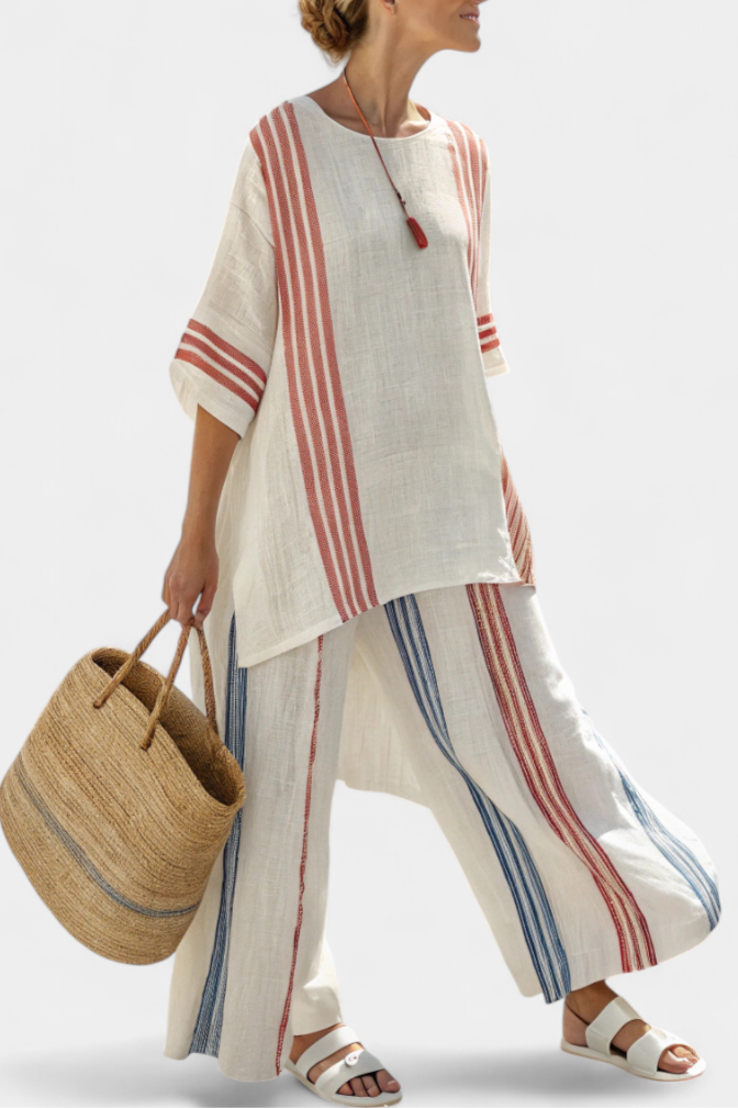 Solvane | Verfijnde Multikleur Gestreepte Top &amp; Mediterraanse Broek
