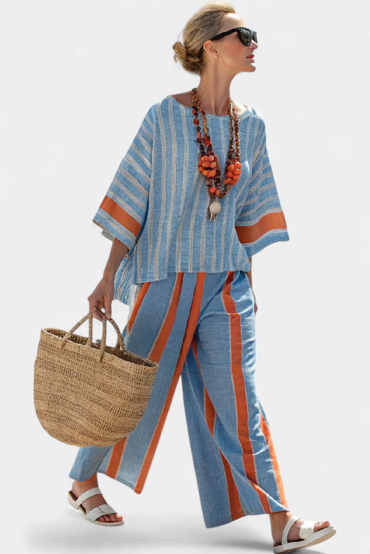 Velmere | Verfijnde Terracotta Gestreepte Top &amp; Linnen Broek