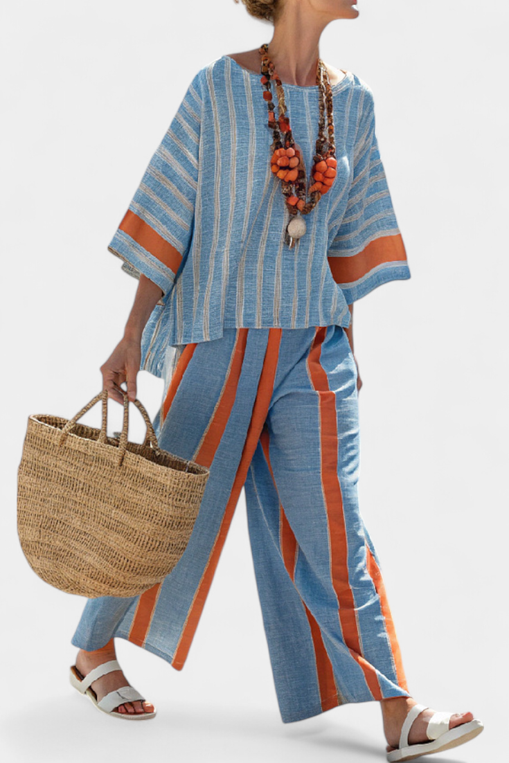 Velmere | Verfijnde Terracotta Gestreepte Top &amp; Linnen Broek