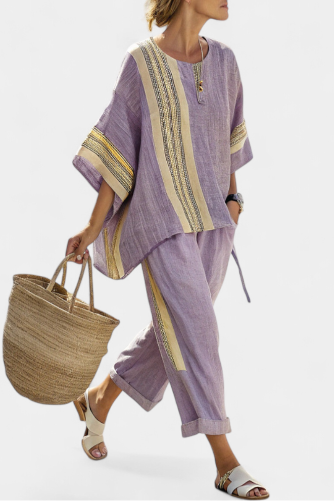 Elowric | Elegante Lavendel Top &amp; Mosterd Gestreepte Broek