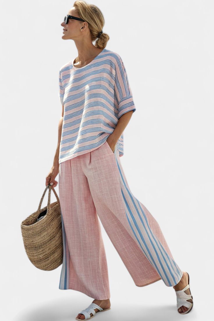 Virella | Elegante Roze-Blauwe Linnen Blouse &amp; Zachte Broek