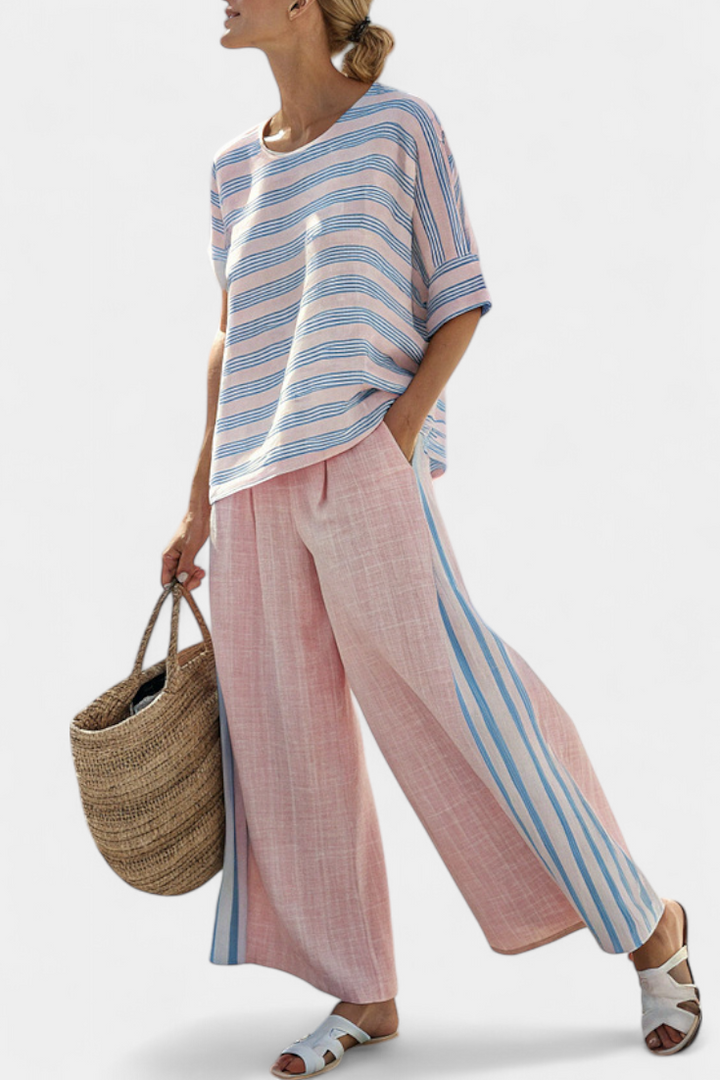Virella | Elegante Roze-Blauwe Linnen Blouse &amp; Zachte Broek