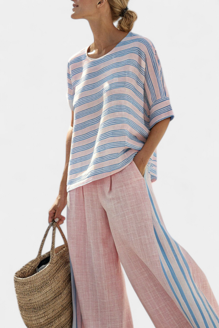 Virella | Elegante Roze-Blauwe Linnen Blouse &amp; Zachte Broek