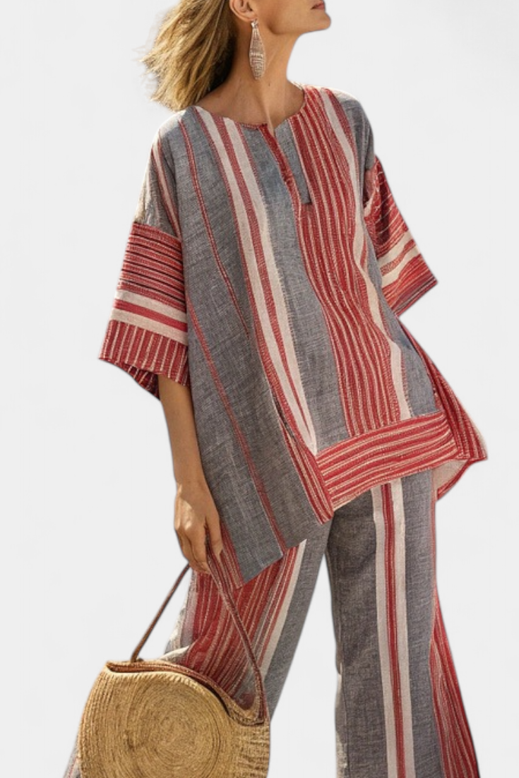Bravine | Elegante Koraal-Grijze Linnen Top &amp; Brede Broek