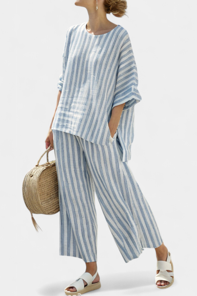 Rensleigh | Verfijnde Blauw Gestreepte Linnen Top &amp; Relaxte Broek