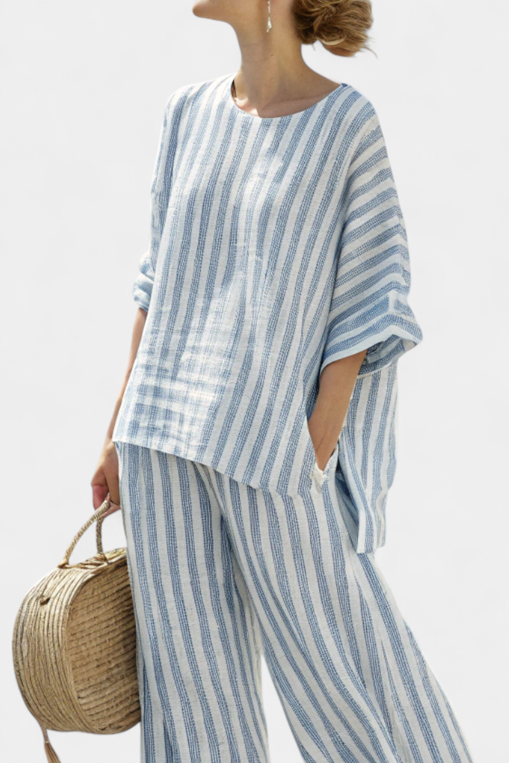 Rensleigh | Verfijnde Blauw Gestreepte Linnen Top &amp; Relaxed Broek