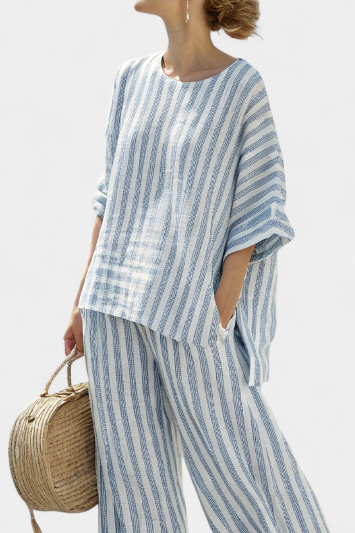 Rensleigh | Verfijnde Blauw Gestreepte Linnen Top &amp; Relaxte Broek