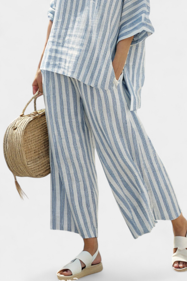 Rensleigh | Verfijnde Blauw Gestreepte Linnen Top &amp; Relaxed Broek