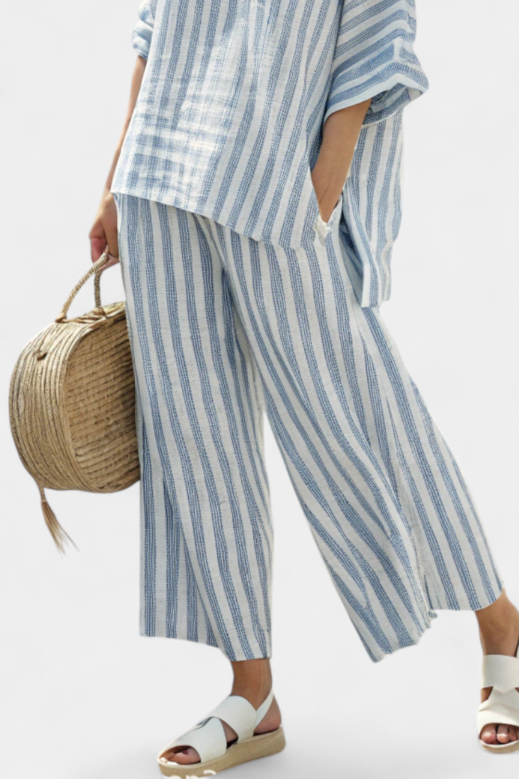 Rensleigh | Verfijnde Blauw Gestreepte Linnen Top &amp; Relaxte Broek