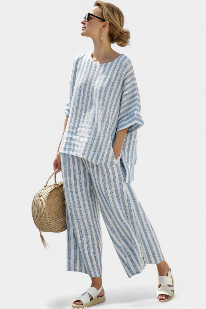 Rensleigh | Verfijnde Blauw Gestreepte Linnen Top &amp; Relaxed Broek