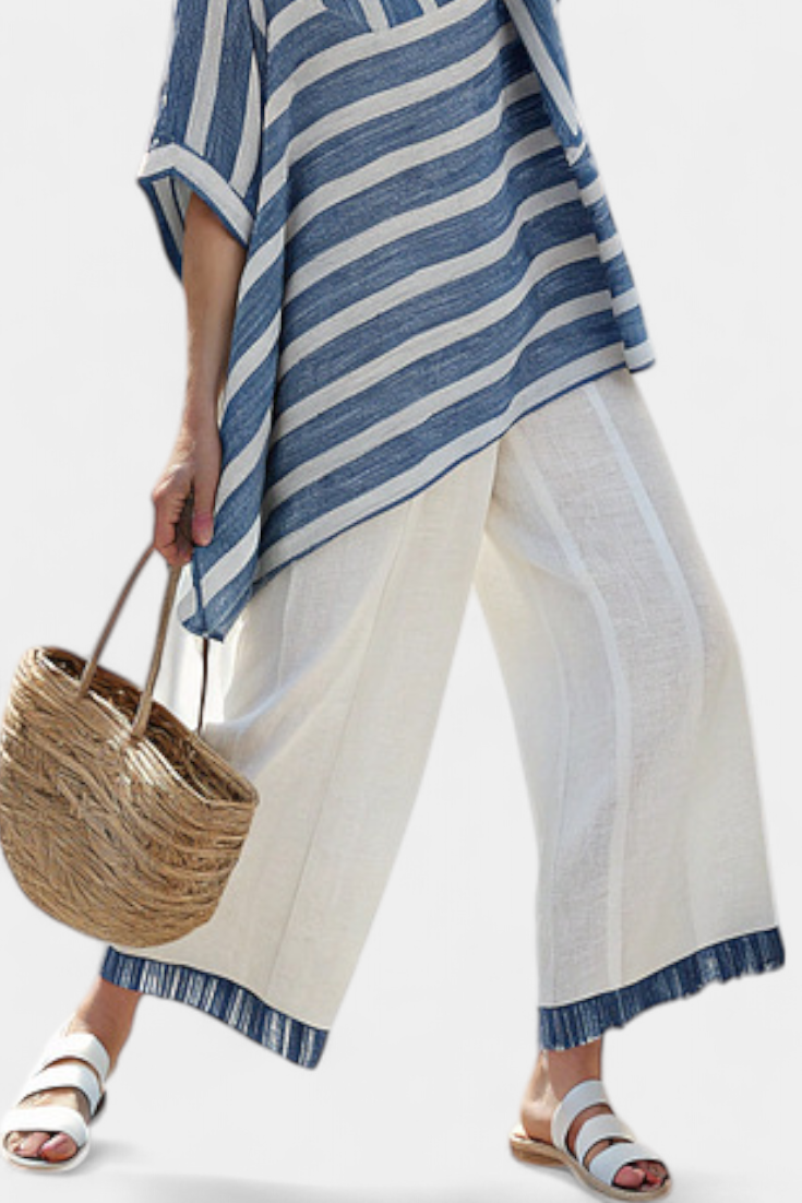 Corvielle | Verfijnde Blauw Gestreepte Top &amp; Hem-Detail Broek