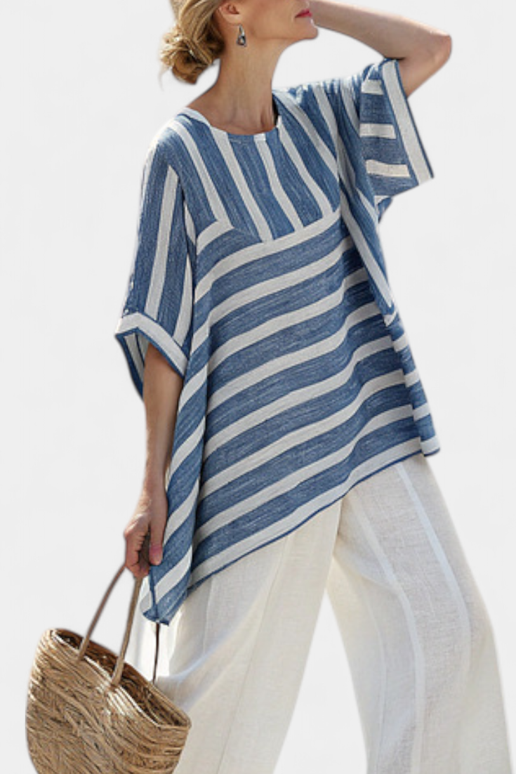 Corvielle | Verfijnde Blauwe Gestreepte Top &amp; Hem-Detail Broek