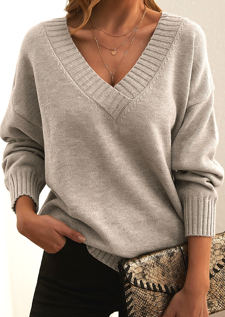 Dames Geribbelde V-Hals Pullover met Lange Mouwen