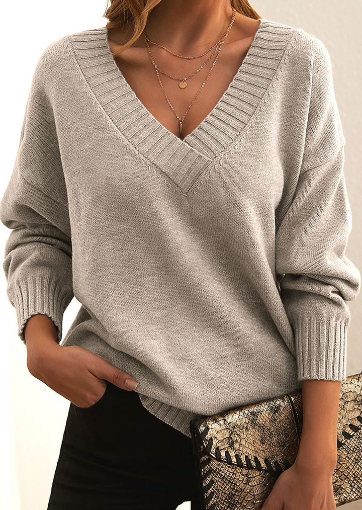 Dames Geribbelde V-Hals Pullover met Lange Mouwen