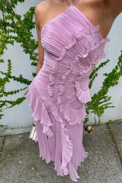 Paige | Vrouwen Plissé Ruffle Halter Midi Jurk