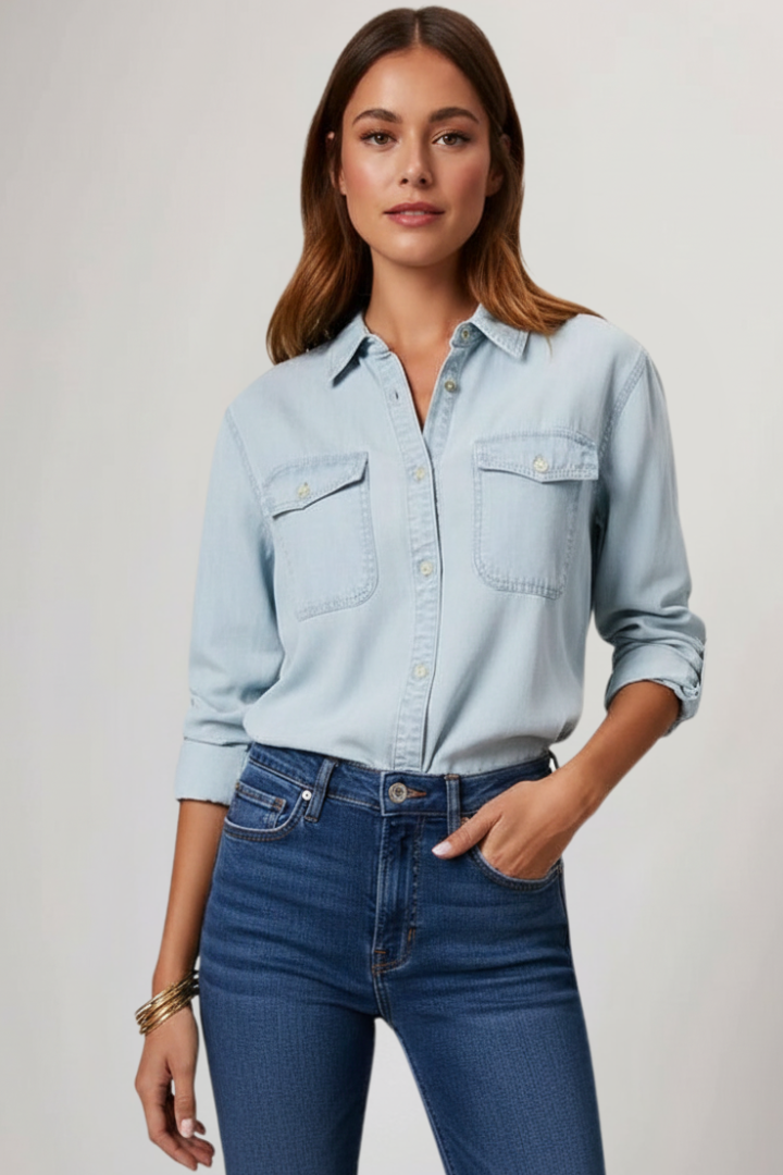 Peyton | Dames Klassieke Denim Overhemd met Knopen en Lange Mouwen