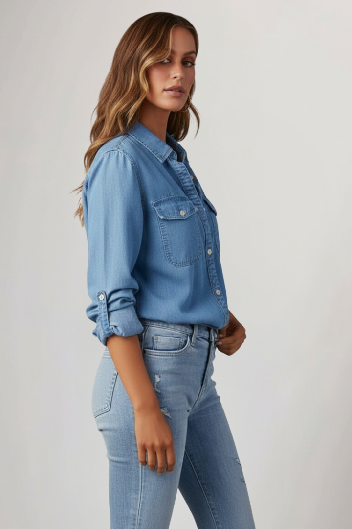 Peyton | Dames Klassieke Denim Overhemd met Knopen en Lange Mouwen
