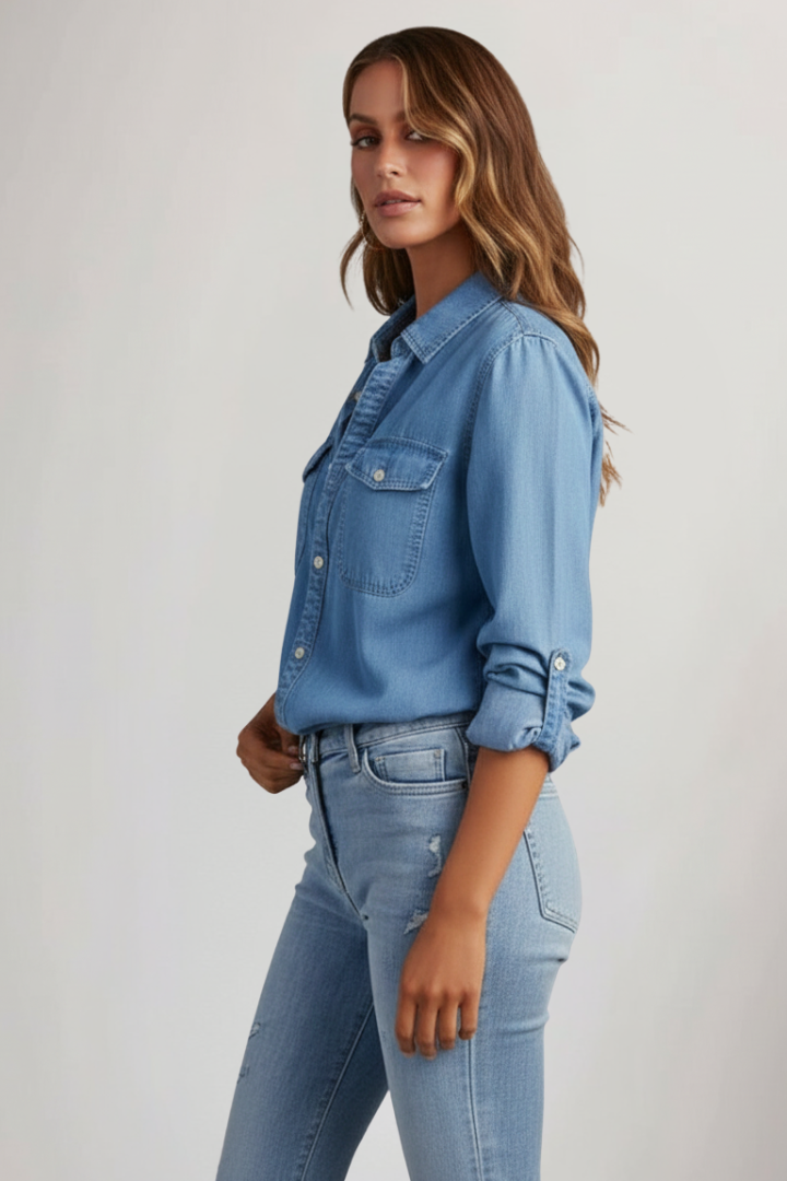 Peyton | Dames Klassieke Denim Overhemd met Knopen en Lange Mouwen