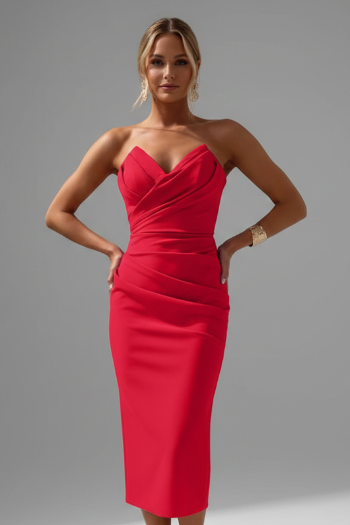 Rachel | Dames Strapless Gerimpelde Midi Jurk