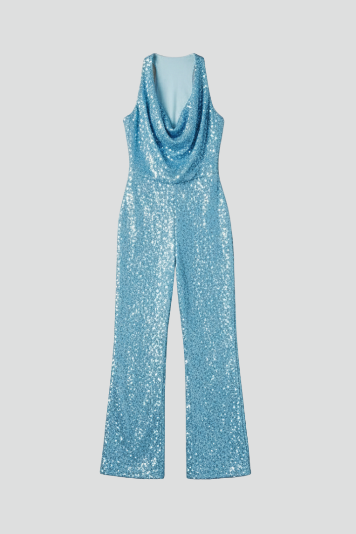 Lauren | Dames Halter Nek Textured Brede Pijpen Jumpsuit
