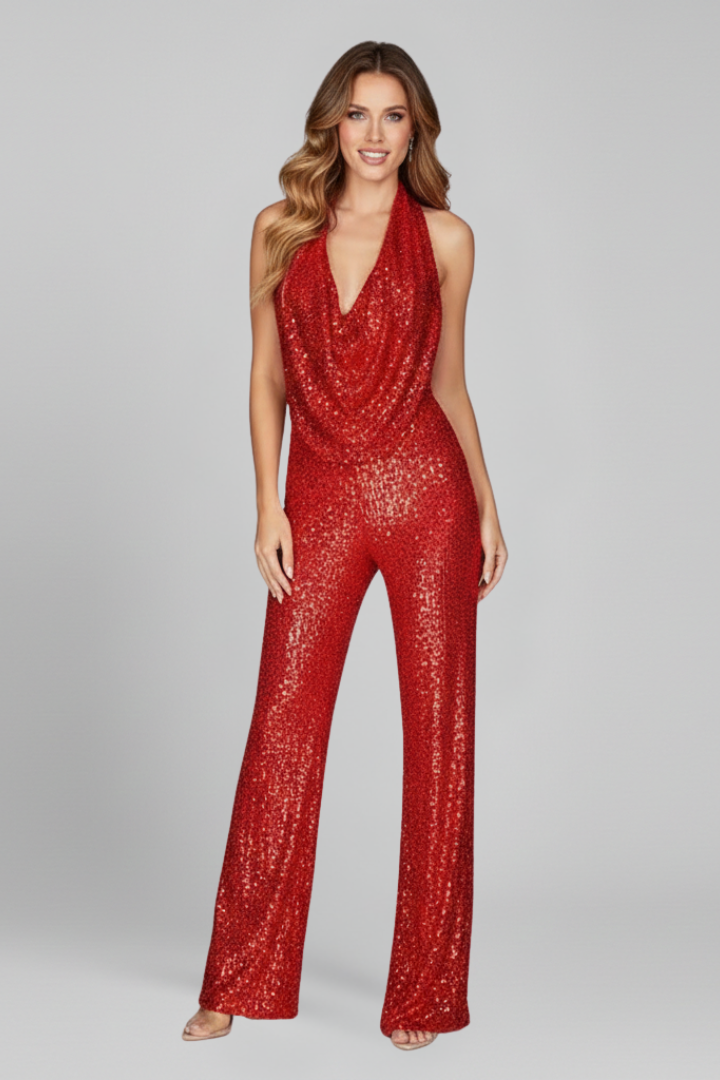 Lauren | Dames Halter Nek Textured Brede Pijpen Jumpsuit