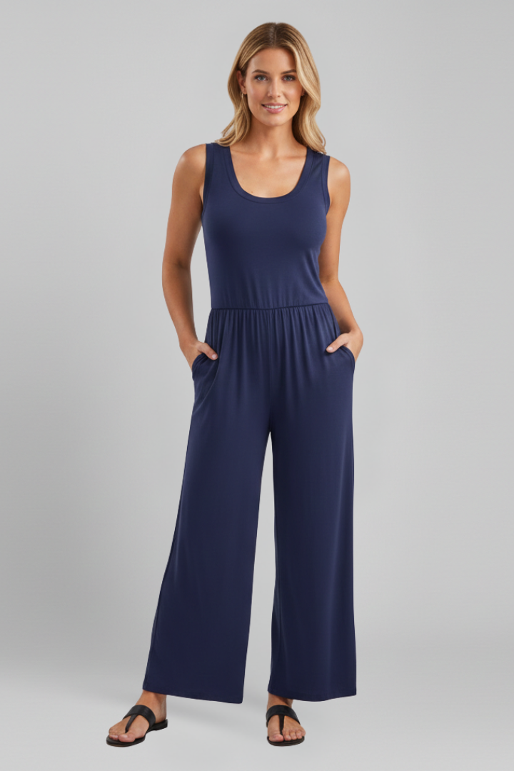 Emma | Dames Ronde Hals Elastische Taille Wijde Pijpen Jumpsuit