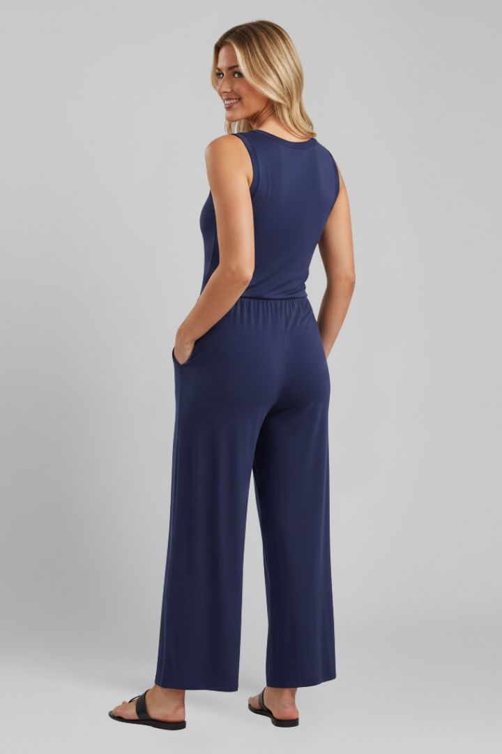 Emma | Dames Ronde Hals Elastische Taille Wijde Pijpen Jumpsuit