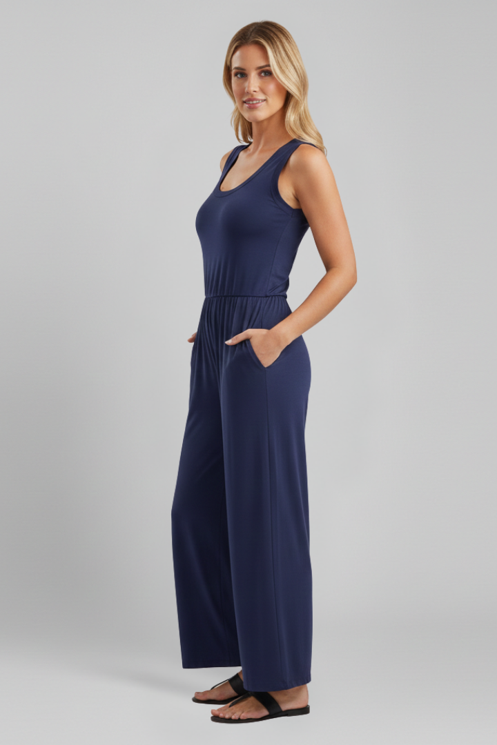Emma | Dames Ronde Hals Elastische Taille Wijde Pijpen Jumpsuit