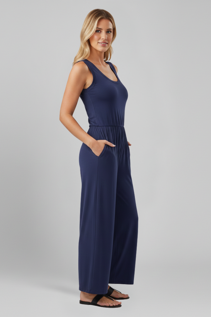 Emma | Dames Ronde Hals Elastische Taille Wijde Pijpen Jumpsuit
