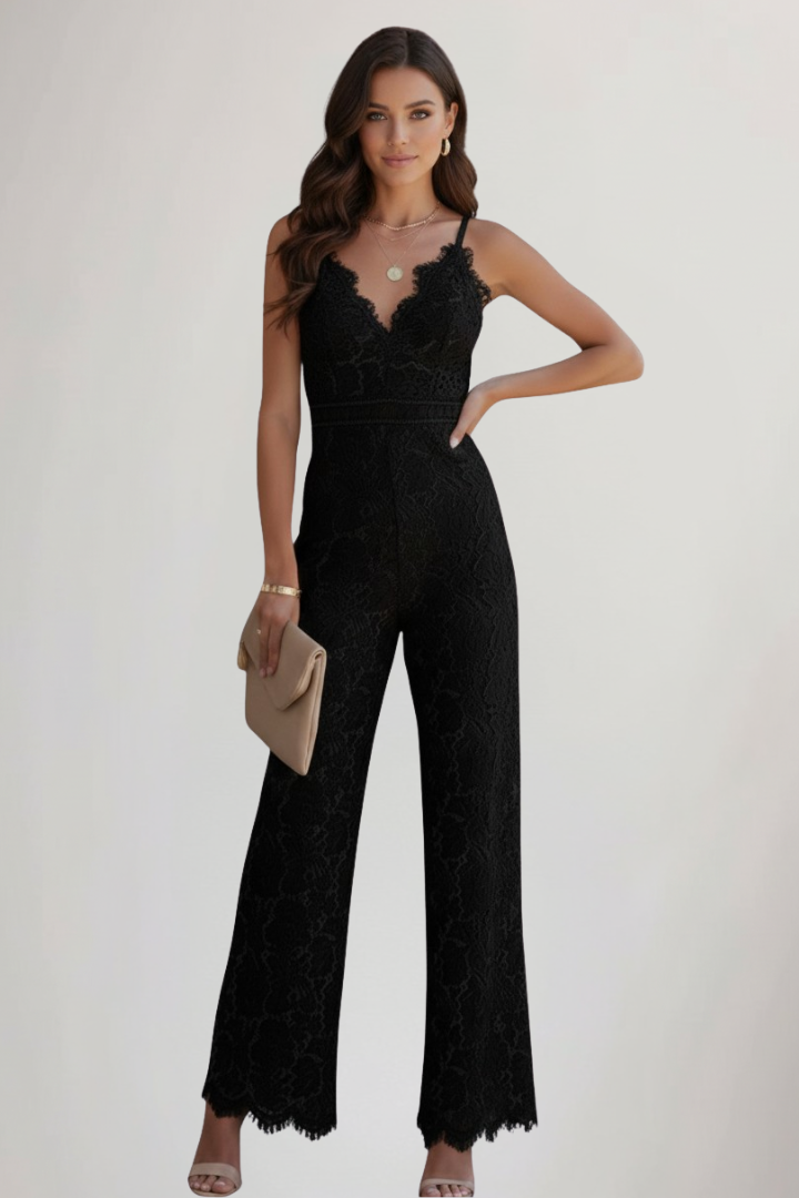 Emily | Dames Mouwloze Kant V-Hals Wijde Pijpen Jumpsuit