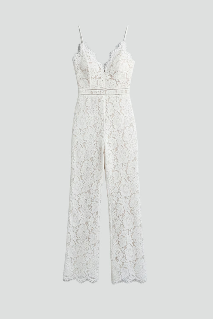 Emily | Dames Mouwloze Kant V-Hals Wijde Pijpen Jumpsuit