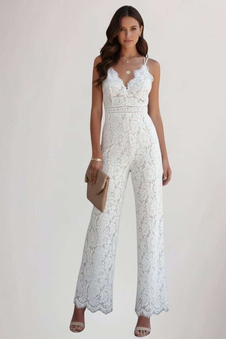 Emily | Dames Mouwloze Kant V-Hals Wijde Pijpen Jumpsuit