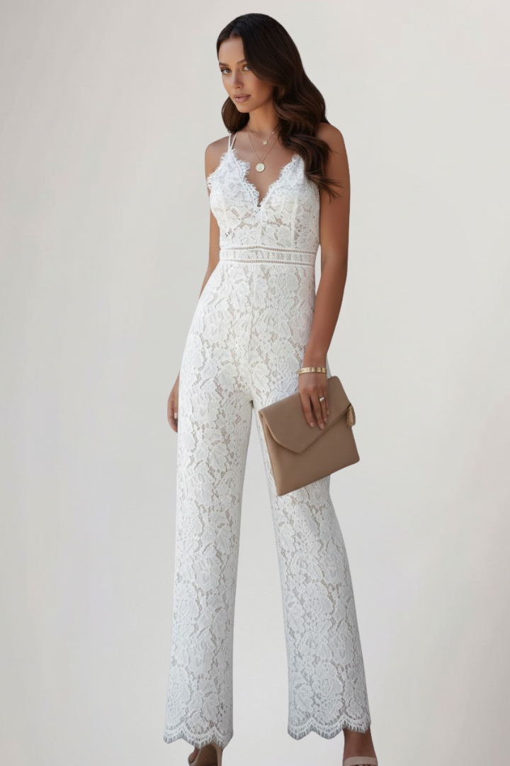 Emily | Dames Mouwloze Kant V-Hals Wijde Pijpen Jumpsuit