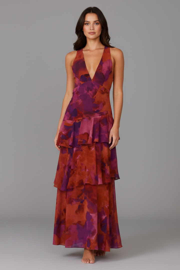 Gabriella | Vrouwen V-Hals Laagjes Maxi Jurk