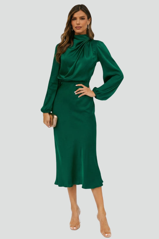 Sophia | Dames Hoge Hals Lange Mouw Midi Jurk