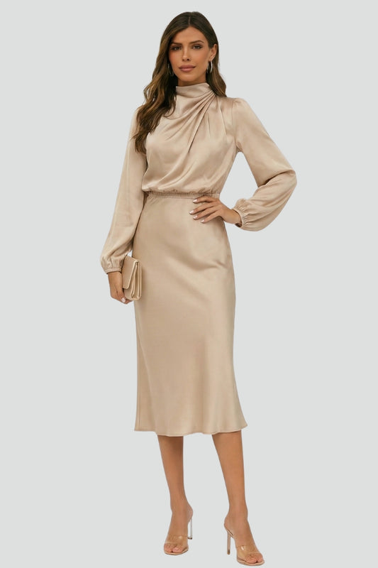 Sophia | Dames Hoge Hals Lange Mouw Midi Jurk
