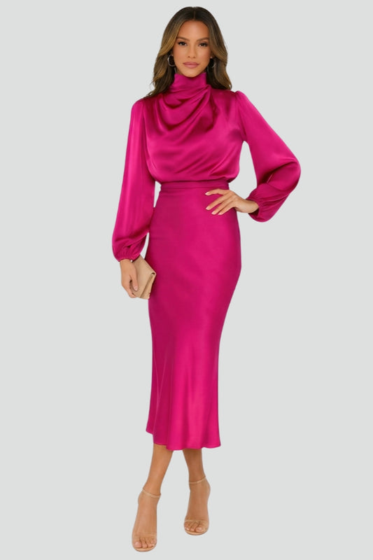 Sophia | Dames Hoge Hals Lange Mouw Midi Jurk