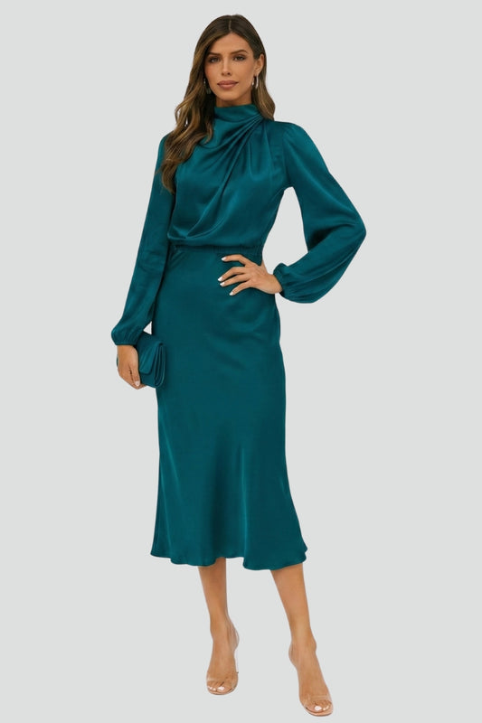 Sophia | Dames Hoge Hals Lange Mouw Midi Jurk