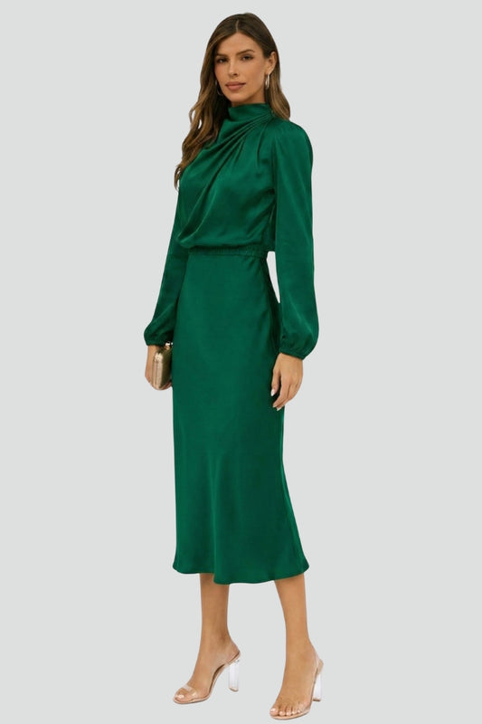 Sophia | Dames Hoge Hals Lange Mouw Midi Jurk