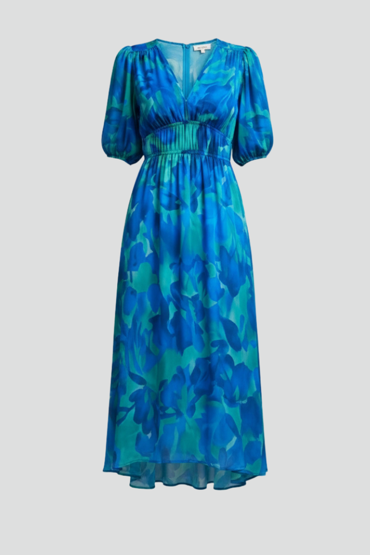 Bianca | Dames Bloemen Puff Sleeve V-Hals Midi Jurk