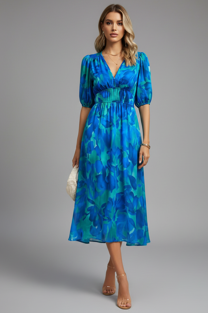 Bianca | Dames Bloemen Puff Sleeve V-Hals Midi Jurk